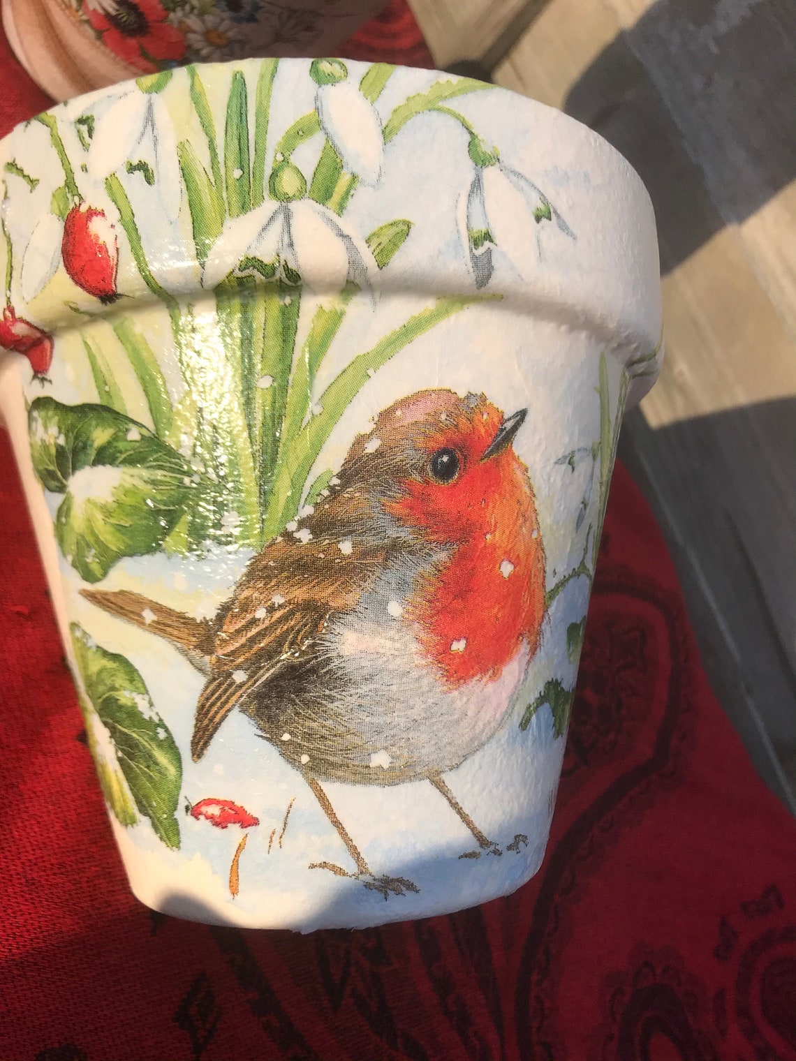 Robin Decoupaged Robin Plant Pot, Robin Gifts , Robin Decoupaged Plant Pots , Flower Pot ...