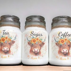 Highland cow ,tea, coffee sugar jars , kitchen canisters with highland cows, highland cow gifts, storage jars, new home gift, storage jars