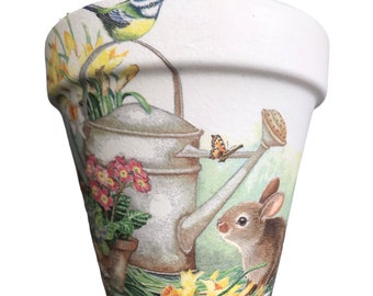 Rabbit and garden plant pot ,decoupage  plant pots , garden gifts ,birthday ,Rabbit and watering can/flowers garden gifts, rabbit flower pot