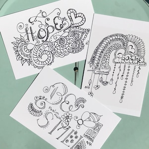 Speranza mista, promessa, essere ancora Scribbling cartoline -6 Line Art Cartoline a colori e Posta- Saluto e Parola di Incoraggiamento Carta da colorare