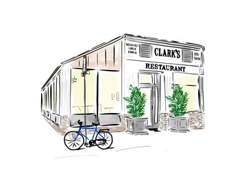 May include: A hand-drawn illustration of a restaurant called "Clark's Restaurant" with a blue bicycle parked in front. The restaurant has a sign that says "Breakfast, Lunch, Dinner" and a phone number of 855-5484.