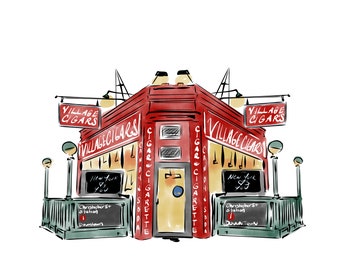 May include: A red brick building with a green awning and two signs that say "Village Cigars". The building has a yellow door and a sign that says "New York 3".