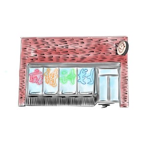 May include: A brick building with a storefront featuring a large window display with colorful Chinese characters. The building has a red brick exterior and a black awning.