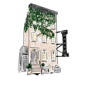 May include: A hand-drawn illustration of a brick building with a green vine growing up the side. The building has a sign that says "Restaurant Boo Boo Bar & Garden".