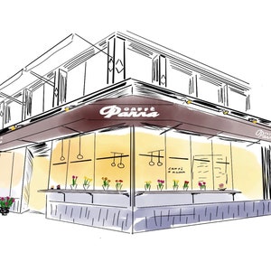 May include: A hand-drawn illustration of a cafe storefront with a brown awning that reads "CAFFE Panna". The cafe has large windows with a yellow background and a counter with flowers in front.