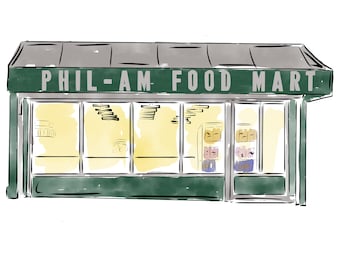 Phil Am Food Mart Queens NYC Restaurant Art Custom Illustration for Birthday Gift for Fiancé Food Art Gift for Her Filipino Art for the Home