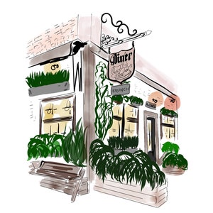 Allswell Brooklyn Williamsburg Restaurant Wall Art Custom Restaurant Illustration Anniversary Gift for Fiancé Art for Housewarming Gift Art