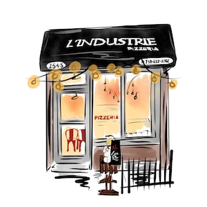 L’Industrie Pizza Williamsburg Brooklyn Restaurant Wall Art Custom Illustration Anniversary Gift for Fiancé Pizza Shop Art Housewarming Art