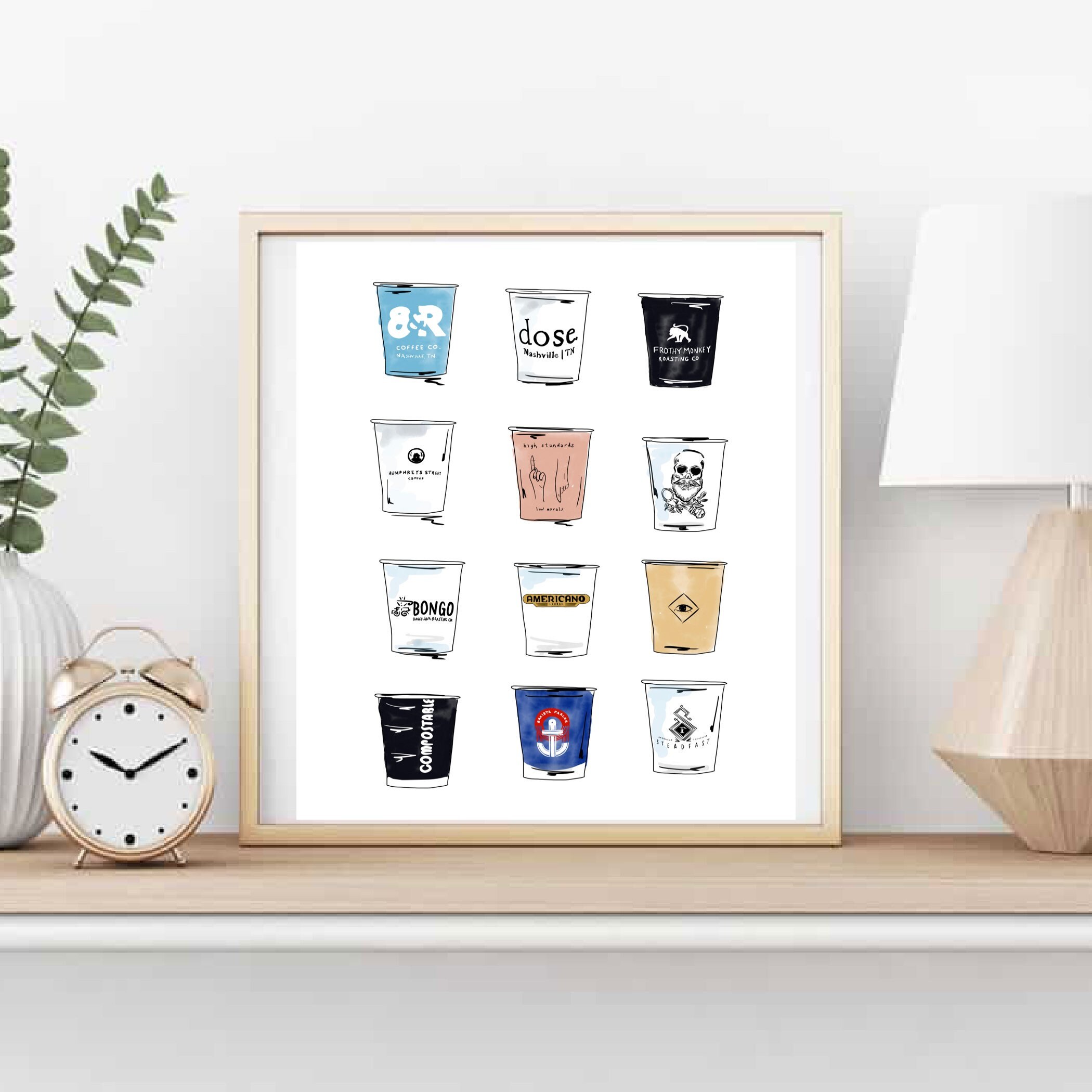 Nashville Coffee Cup Print Wall Art Sketch Custom Illustration Art for Birthday Gift for Fiancé Gift for Wedding Gift for Him Gift for Her