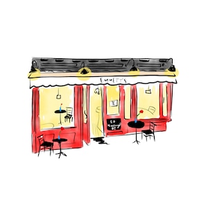 May include: A red brick building with a black awning and the words "Emmett's" in white lettering. The building has two windows and a door. There are tables and chairs outside the building.