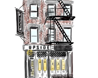 Upside Pizza, New York City, Best of New York, NYC restaurant , City Illustration, Office Wall Art, Home Decor, NYC Foodie, nyc pizza, pizza