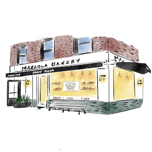 Mazzola Balery, Brooklyn , Best of New York, NYC restaurant , City Illustration, Office Art, Home Decor, wall art, urban sketch, bakery