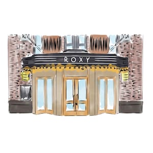 May include: A watercolor illustration of a building with a sign that reads "ROXY". The building has a brick facade and three large doors. The doors are brown with glass panels and are flanked by two smaller windows. The building is decorated with string lights.