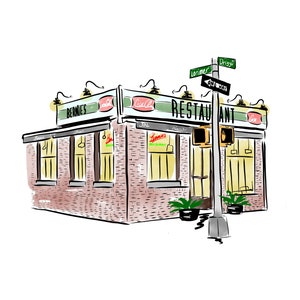 Bernie’s  Greenpoint Brooklyn Restaurant Wall Art Custom Restaurant Illustration Anniversary Gift for Fiancé Watercolor Art Wall Decor