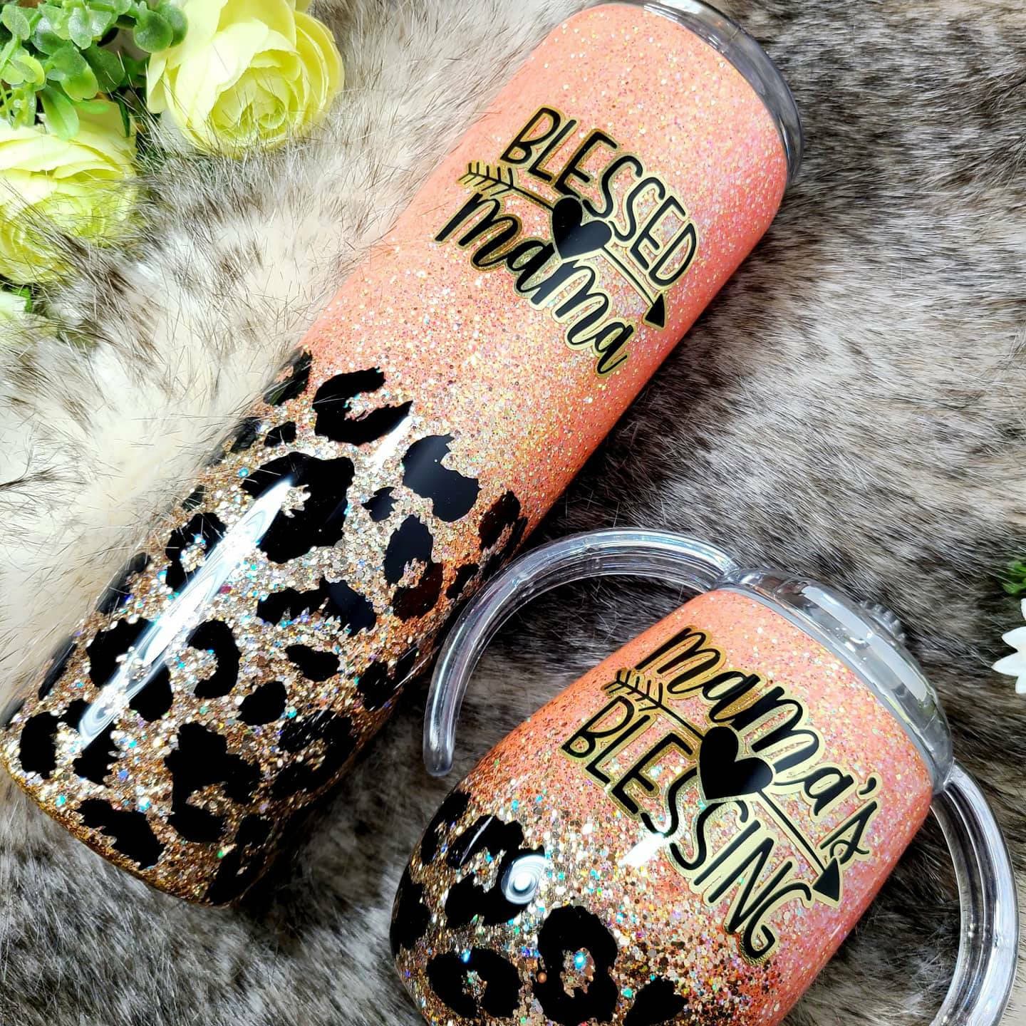 baby shower gift teal glitter leopard tumblers gift for her mommy and me tumblers Mommy and me set