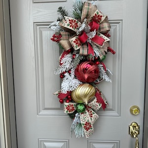 Christmas Swag Wreath: Red & Gold Ornaments, Frosted Evergreen Decor