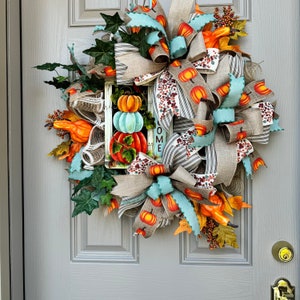 Pumpkin Harvest Fall Wreath: Welcome Autumn Door Decor