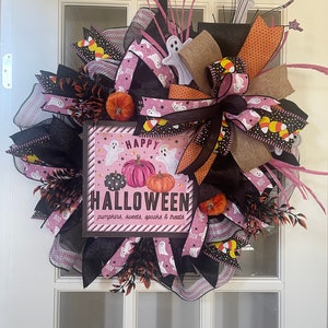 Halloween Wreath with Ghosts, Candy Corn, Pink and Black Fall Wreath
