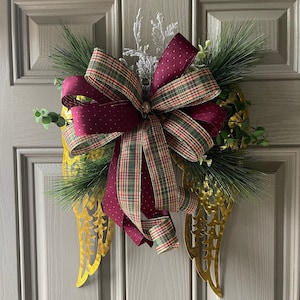 Angel Wings Wreath: Burgundy Plaid Bow, Memorial Gravesite Decor