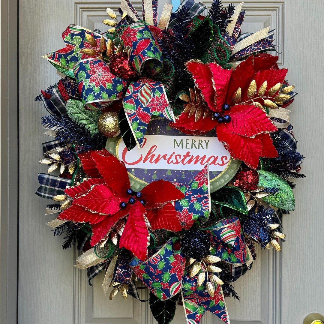 Christmas Wreath | Poinsettias Wreath | Holiday Door Decor | Front Door ...