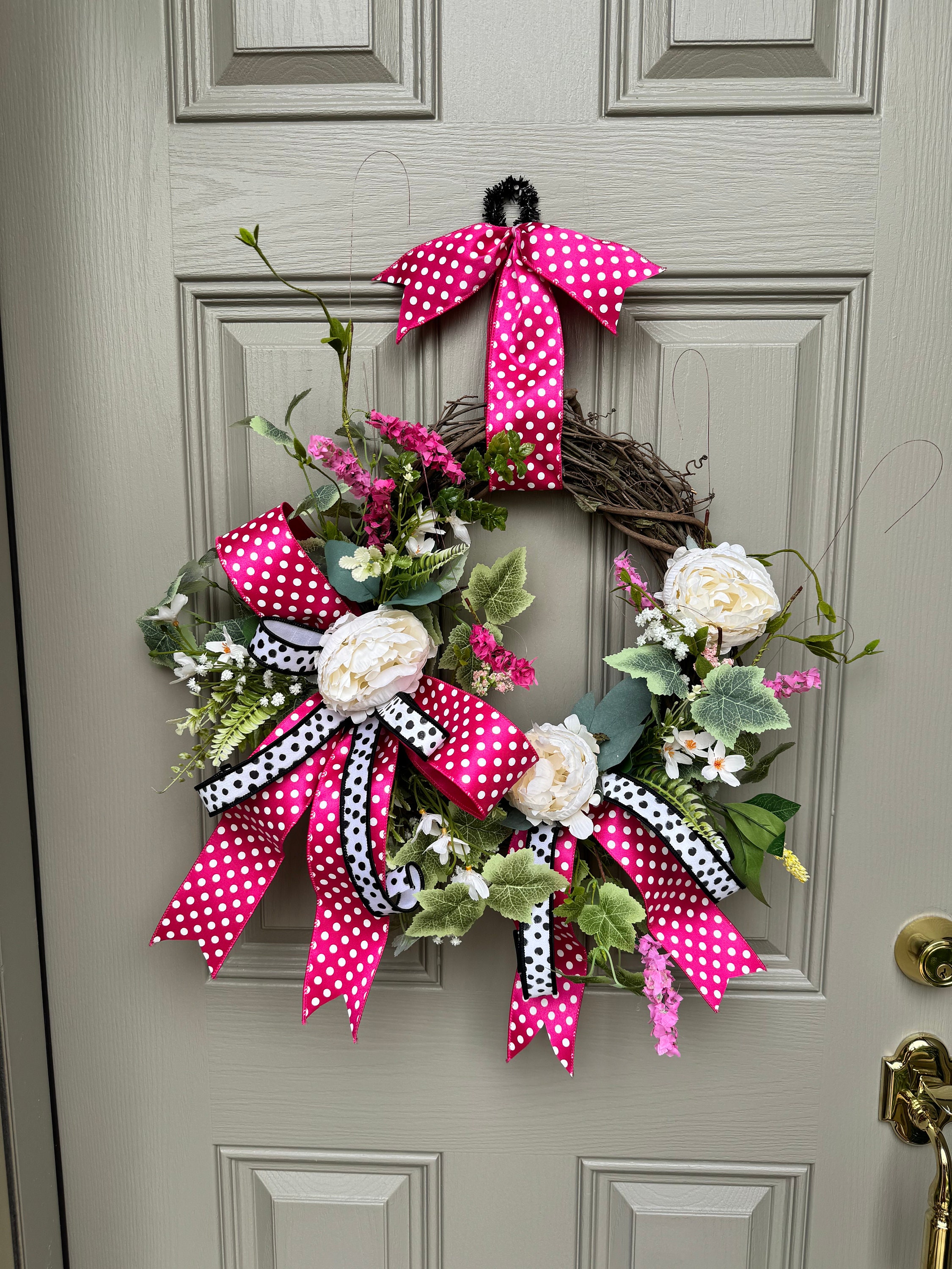 Pink Floral Spring Wreath: Polka Dot Ribbon, Grapevine Base - Etsy, image size:2250x3000