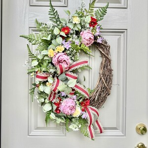 Peony Spring Wreath: Floral Door Decor with Red Ribbon