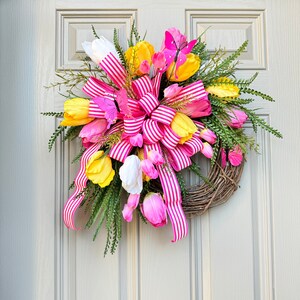 Tulip Spring Wreath: Pink & Yellow Door Decor, Farmhouse Grapevine Wreath