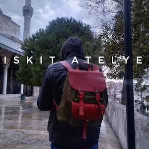 Khaki and Dark-red Leather Rucksack,20 LT waxed canvas, buffalo leather backpack waterproof, Weather-Resistant Hiking,Christmas Gift, Unisex