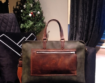 Handmade Crazy Horse Leather Messenger Bag: Crossbody Laptop Briefcase