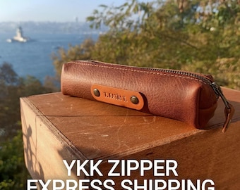 Personalized Leather Slim Pencil Case, Cosmetic Bag, Zip Pencil Case Top Grain Leather, Pen Pouch, Makeup Case, Custom pen Bag,Student Gifts