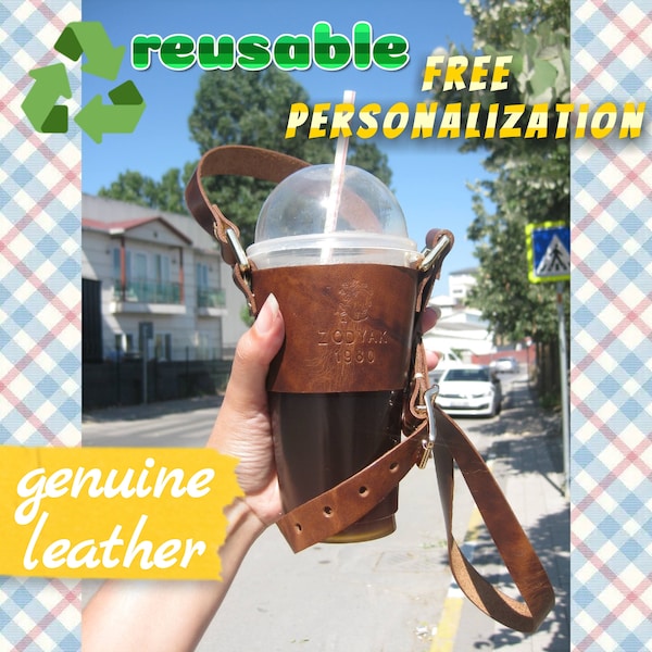Benutzerdefinierte Leder Starbucks-Kaffeetasse / Tassenhalter KOSTENLOSE PERSONALISIERUNG, wiederverwendbare Ledergetränketräger für Kaffee / Boba / Becher