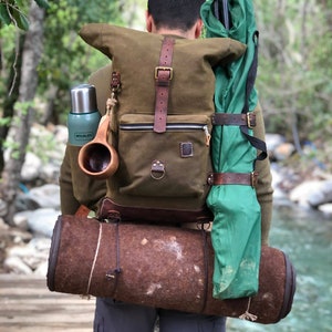 Bushcraft Outdoor Hiking Backpack Khaki 40 LT Military Style Leather Waterproof, Waxed Canvas Weather-Resistant Hiking Gift for him Scouting