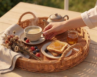 Wicker Breakfast Tray, Rattan Serving Tray, Round Woven Tray, Bed Serving Tray, Coffee Table Tray, Boho Kitchen Decor, Food Serving Tray