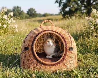 Transportín de mimbre para gatos, transportín de mimbre hecho a mano para mascotas, cueva de mimbre natural para gatos, caseta de mimbre para perros, cesta cómoda para mascotas, hogar de mimbre para mascotas