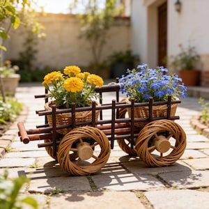 Natural Wicker Planter, Rustic Flower Pot Holder, Wicker Wagon Plant Stand, Balcony Planter Decor, Garden Basket Planter, Patio Decor