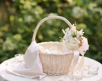 Weißer Blumenmädchen-Korb, Weidenblumenmädchen-Korb, Hochzeit Blumenkorb, Braut Blumenmädchen-Korb, Weidenblatt-Korb, handgemachter Korb
