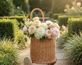Carrito rodante de mimbre, cesta de almacenamiento de mimbre con ruedas, carrito con cesta rodante, carrito de mimbre, carrito de mimbre con ruedas, carrito de mercado