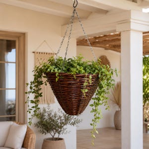 Wicker Plant Basket, Hanging Planter Basket, Wicker Hanging Basket, Flower Basket, Boho Plant Basket, Outdoor Planter, Garden Basket