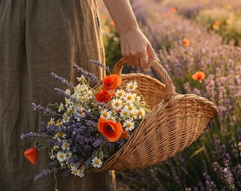 Wicker Gathering Basket,Handmade Natural Wicker Flower Basket,Large Wicker Basket,Woven Harvesting Basket,Woven Storage Basket,Rustic Basket
