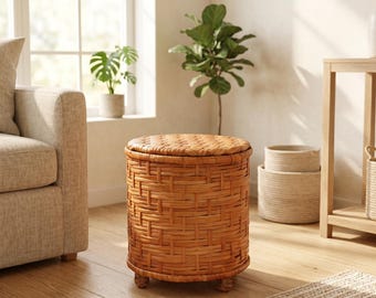 Pouf in vimini 100% naturale, sgabello intrecciato a mano con contenitore, poggiapiedi intrecciato, pouf rotondo con contenitore, mobili in vimini boho, sedile pouf in rattan