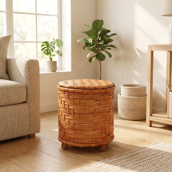 100% natural wicker ottoman, Handmadewoven stool with storage, Woven Footstool,Round Storage pouf,Boho wicker furniture, Rattan Ottoman Seat