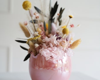 Gesteck mit Trockenblumen inklusive Übertopf, Ostergeschenk, Osterdeko, mit echter Ranunkel