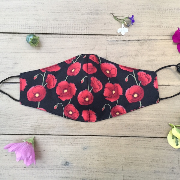 Poppy, rainbow, bambi, cannabis, cherry blossom, peacock feathers,hearts, bees face mask in lightweight soft cotton poplin in 3 sizes.