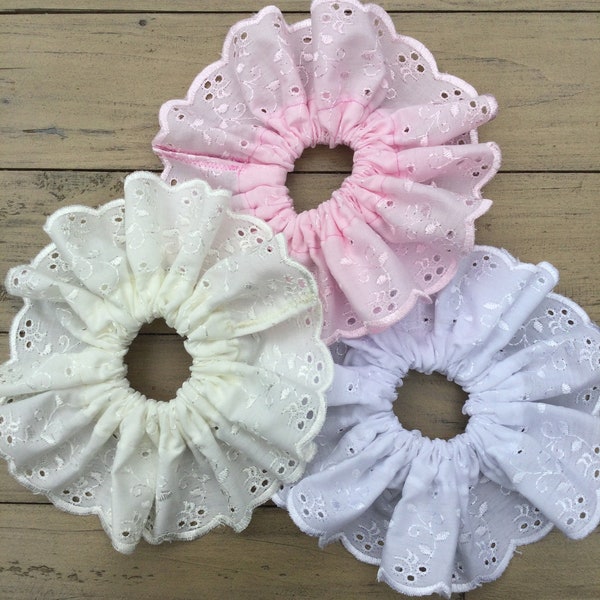 Broderie anglaise white, pink, black or cream hair scrunchie. Lovely large 6 1/2 inch diameter on a proper hair band not elastic.