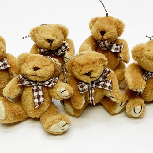 Lot of 12 Darice Craft Brown Miniature 1" Flocked Teddy Bears with Red Bow Tie 