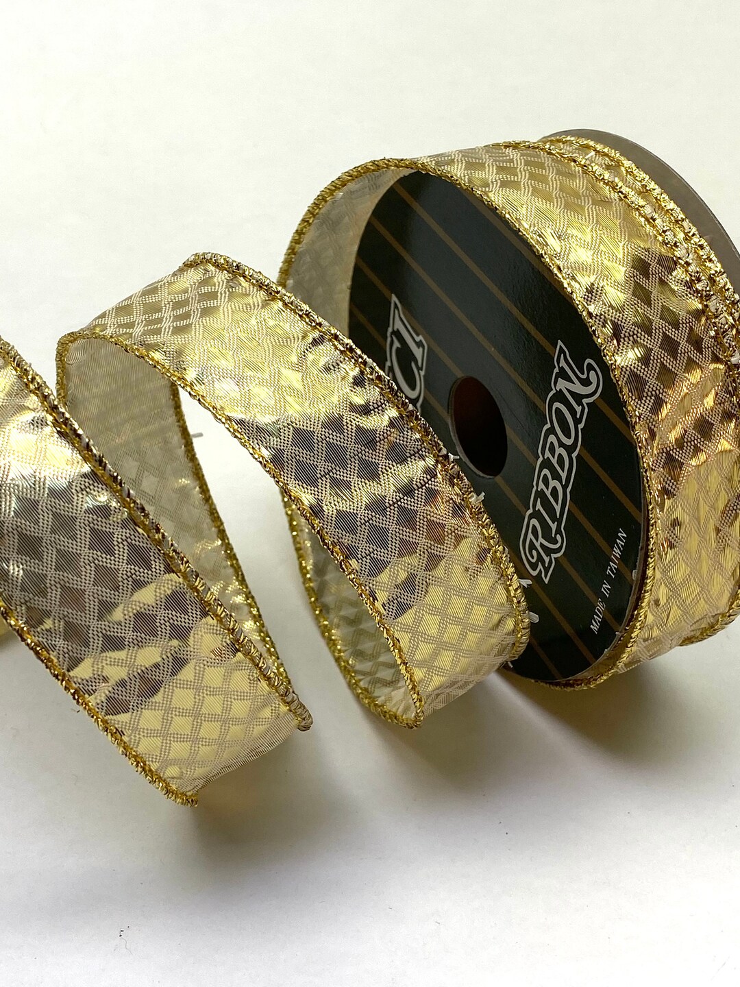 Gold Wired Ribbon With Cross Check Pattern 10 Yds X 1”- Set of 2 Rolls ...