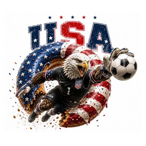 Op de afbeelding: Een grafische illustratie van een Amerikaanse zeearend als voetbaldoelman in een zwart shirt met nummer 1 en het USA-embleem, die naar een voetbal reikt. De adelaar bevindt zich in een grote donut met rood, wit en blauw glazuur.