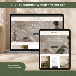 Op de afbeelding: Een laptop en tablet tonen een website-sjabloon met de tekst "Soft luxury for modern storefronts" en "Designed for timeless living." Het website-ontwerp heeft een neutraal kleurenpalet met afbeeldingen van planten en een vrouw. De tekst "LUXURY SHOPIFY WEBSITE TEMPLATE" en "PREMIUM SHOPIFY 2.0 THEME" zijn ook zichtbaar.