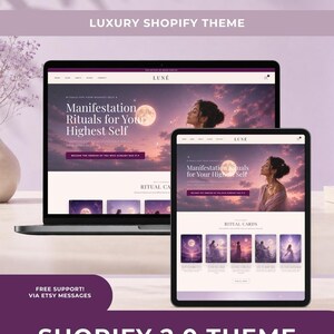 Op de afbeelding: Een laptop en tablet tonen een website thema met de tekst "Manifestation Rituals for Your Highest Self". Het thema heeft een paars en wit kleurenschema met afbeeldingen van een vrouw en een volle maan. De tekst "LUXURY SHOPIFY THEME" en "SHOPIFY 2.0 THEME" zijn ook zichtbaar.