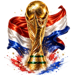 Op de afbeelding: Een goudkleurige trofee met een wereldbol gedragen door twee figuren, geplaatst voor een wapperende vlag met horizontale rode, witte en blauwe banen. De voet van de trofee is geaccentueerd met groene banden en omringd door verfspatten.